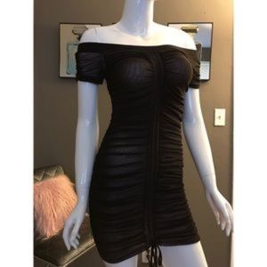 Privy Ruched Mesh Off Shoulder Dress